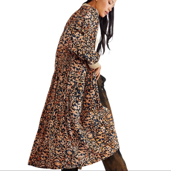 New Free People Wild Nights XS Yellow Floral Relaxed Open Duster Kimono Jacket - Picture 3 of 4